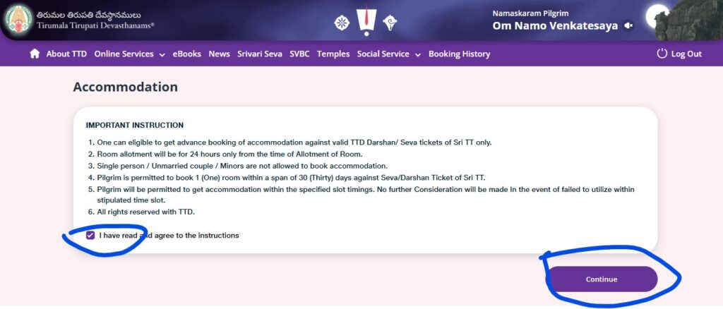 TTD Accomodation terms and conditions Checkbox