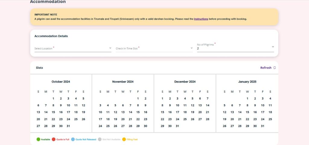 TTD Accomodation calender for Booking slots